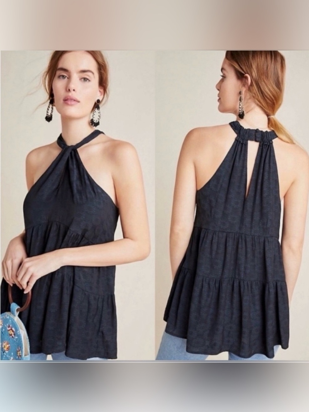Anthropologie Lavinia black tiered halter blouse M